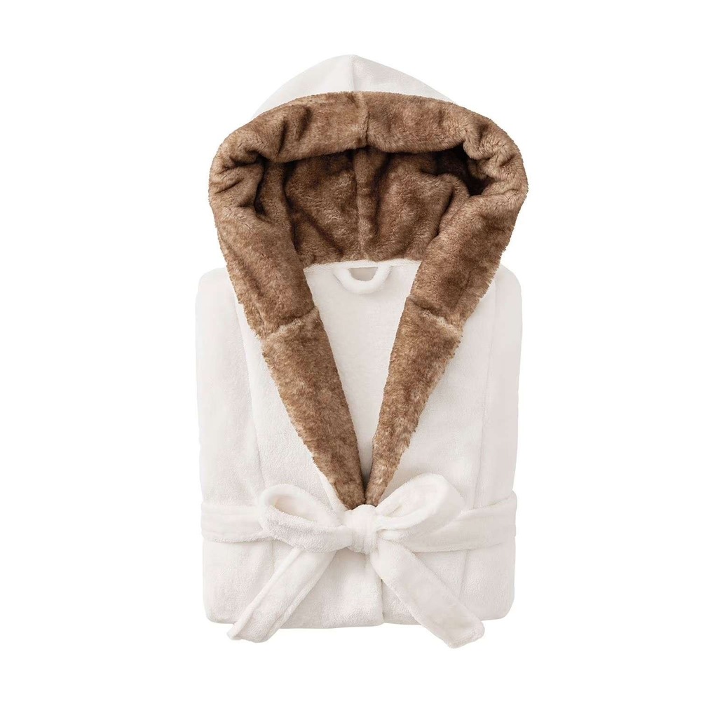 NWT Member's Mark Luxury Plush Robe Ivory Brown Faux Fur Trim Hooded L/XL - Picture 3 of 6